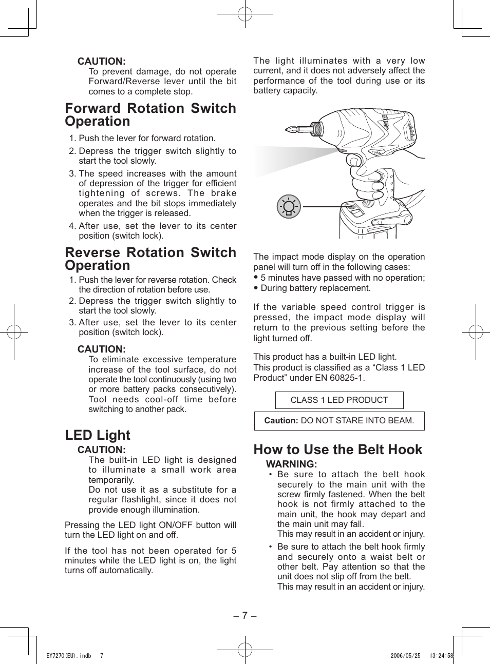 Forward rotation switch operation, Reverse rotation switch operation, Led light | How to use the belt hook | Panasonic EY7270 User Manual | Page 7 / 120