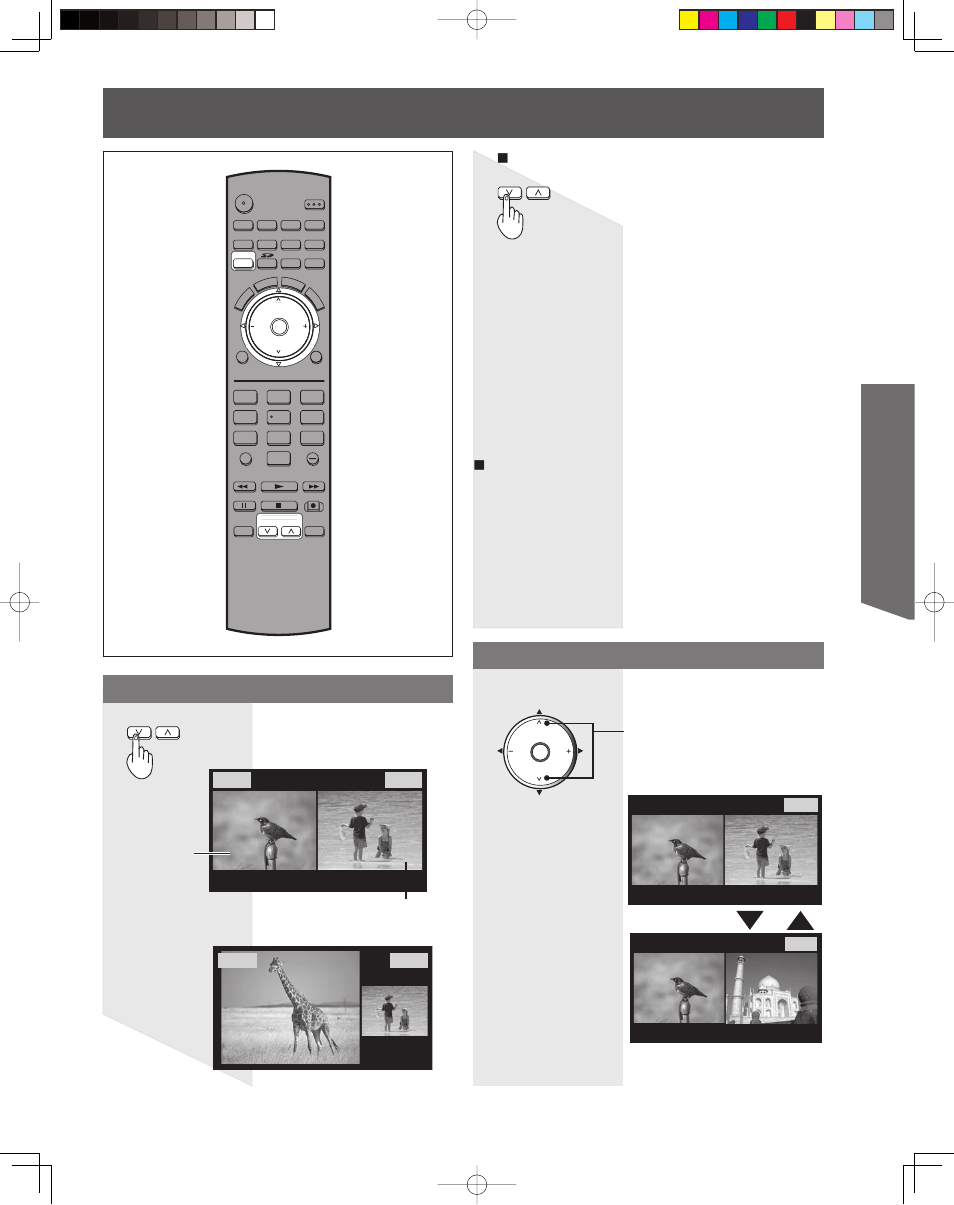 Split screen, Basic operation, Splitting the screen | Changing the channel, Returning to one screen (left screen), Caution when hdmi/pc is input, Press to return | Panasonic PT 61LCX65 User Manual | Page 37 / 80