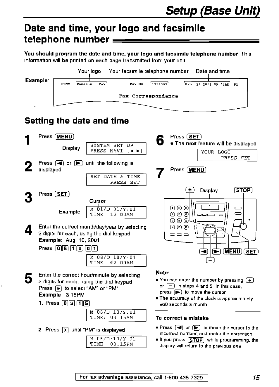 Example, Setting the date and time, To correct a mistake | Panasonic KX-FPG175 User Manual | Page 15 / 96