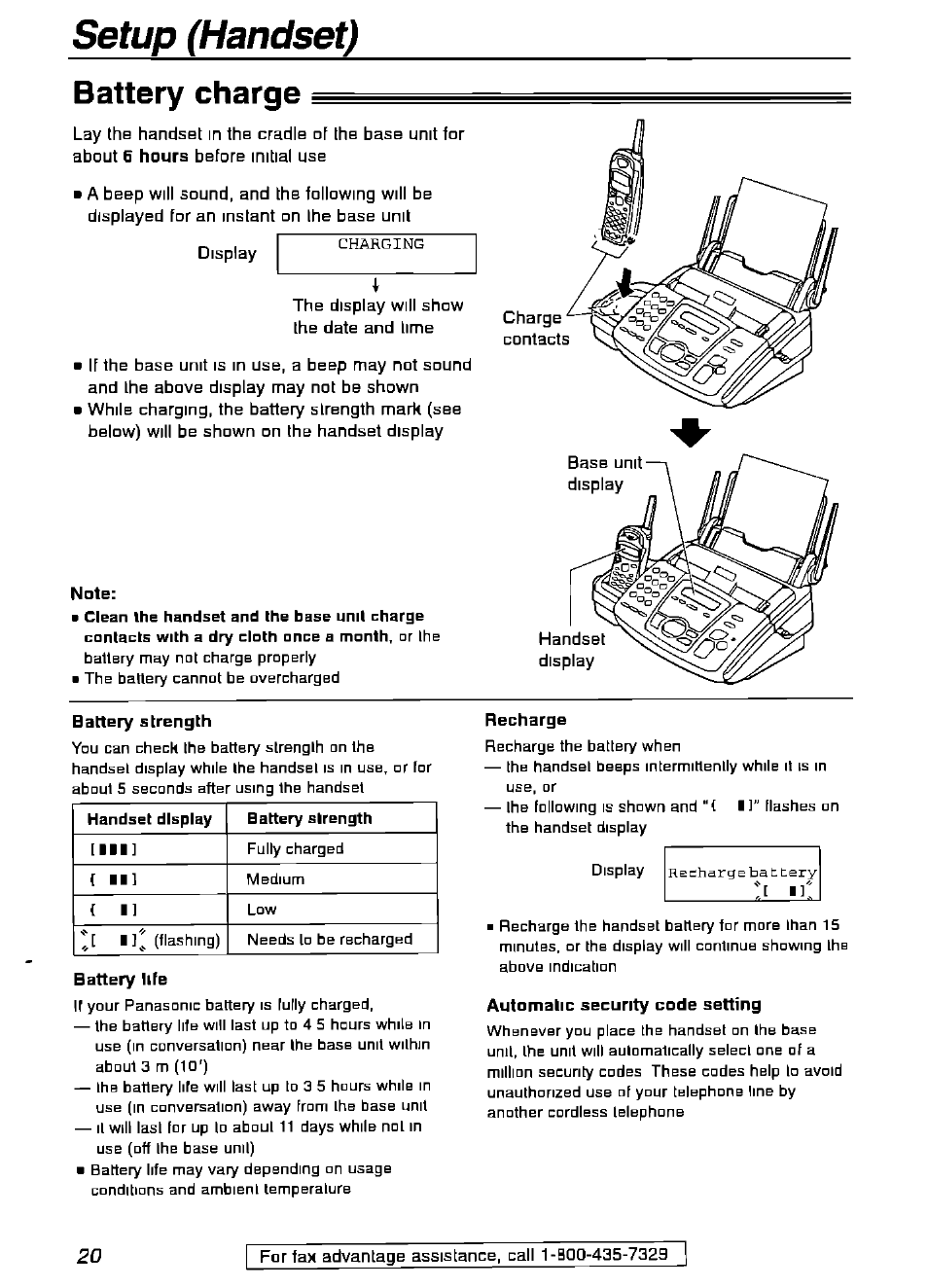 Battery charge, Note, Battery life | Recharge, Automalic security code setting, Setup (handset) | Panasonic KX-FPG175 User Manual | Page 20 / 96