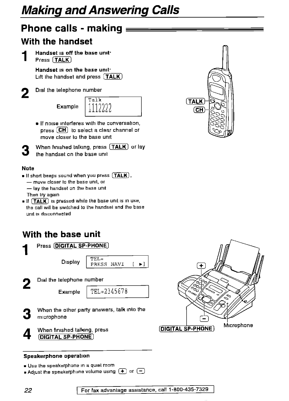 Phone calls - making, With the handset, Handset is off the base unit | Handset is on the base unit, With the base unit, Speakerphone operation, Making and answering calls phone calls - making | Panasonic KX-FPG175 User Manual | Page 22 / 96