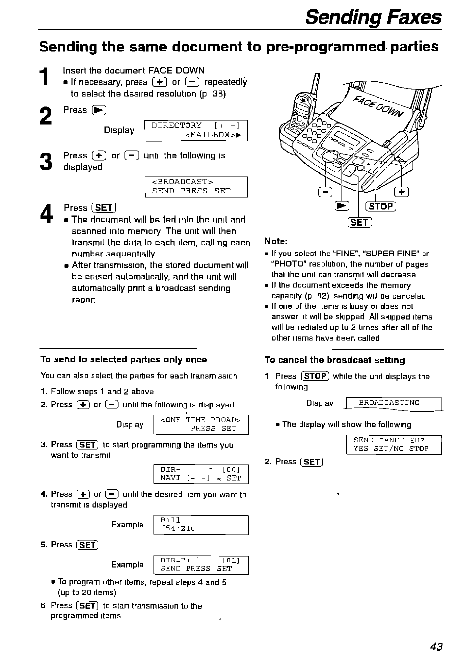 Note, To send to selected parties only once, To cancel the broadcast setting | Sending faxes | Panasonic KX-FPG175 User Manual | Page 43 / 96