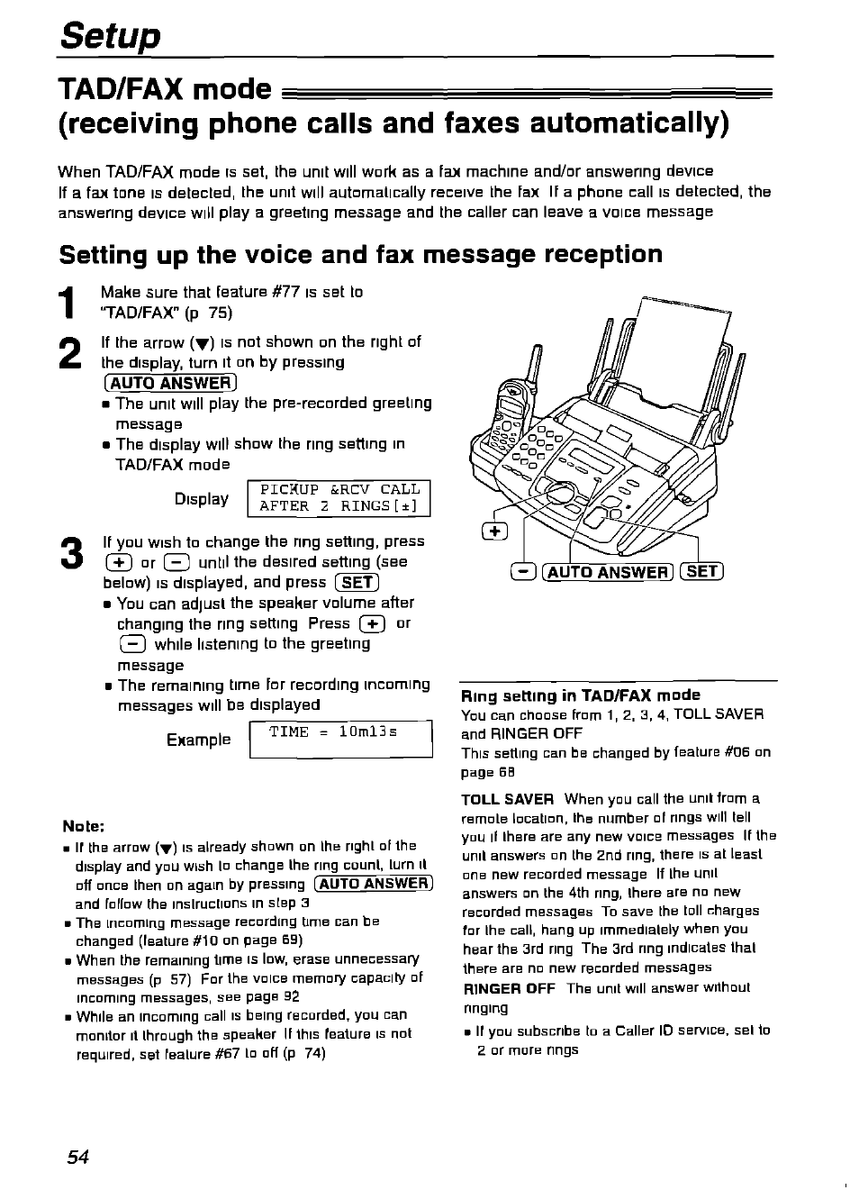 Setup, Setting up the voice and fax message reception | Panasonic KX-FPG175 User Manual | Page 54 / 96