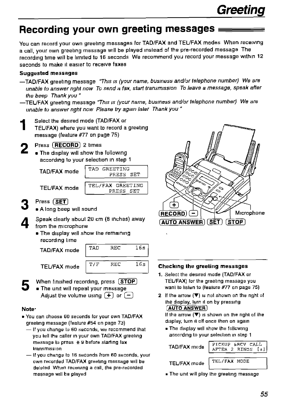 Recording your own greeting messages, Note, Checking ihe greeling messages | Greeting | Panasonic KX-FPG175 User Manual | Page 55 / 96