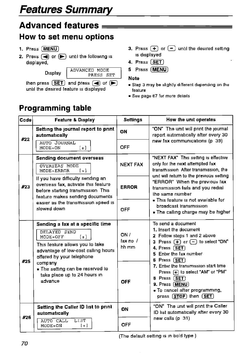 Advanced features, How to set menu options, Programming tabie | Note, Features summary advanced features | Panasonic KX-FPG175 User Manual | Page 70 / 96