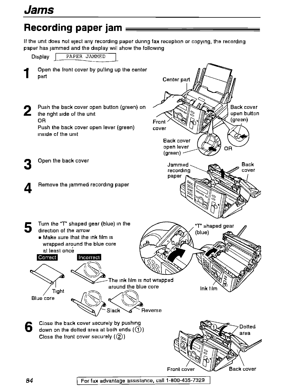 Jams, Recording paper jam | Panasonic KX-FPG175 User Manual | Page 84 / 96