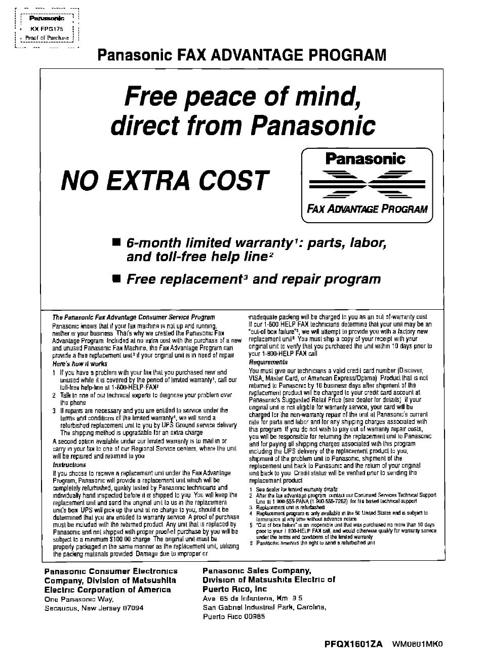Panasonic fax advantage program, Panasonic, Free peace of mind, from panasonic no extra cost | Faxammtage p | Panasonic KX-FPG175 User Manual | Page 96 / 96