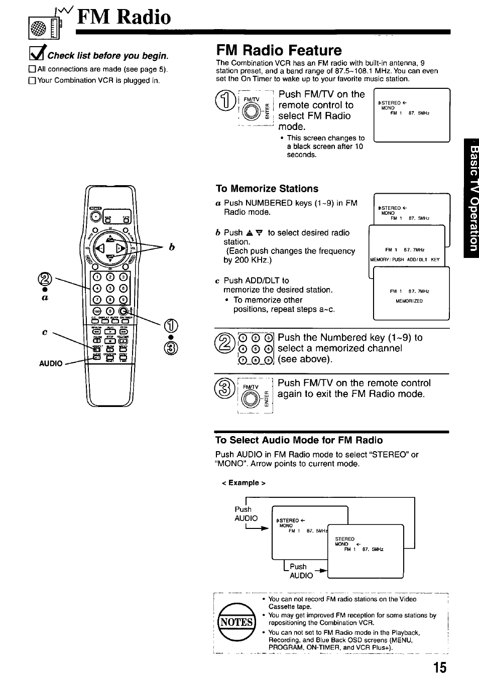 Fm radio, Fm radio feature, To memorize stations | To select audio mode for fm radio | Panasonic OMNIVISION VHS PV-M2767 User Manual | Page 15 / 36
