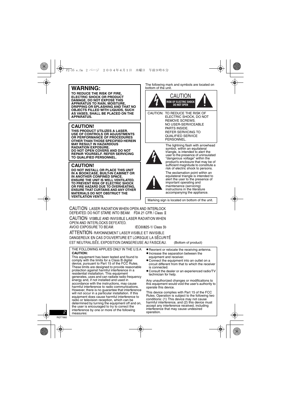 Warning, Caution | Panasonic DVD-LS50 User Manual | Page 2 / 36