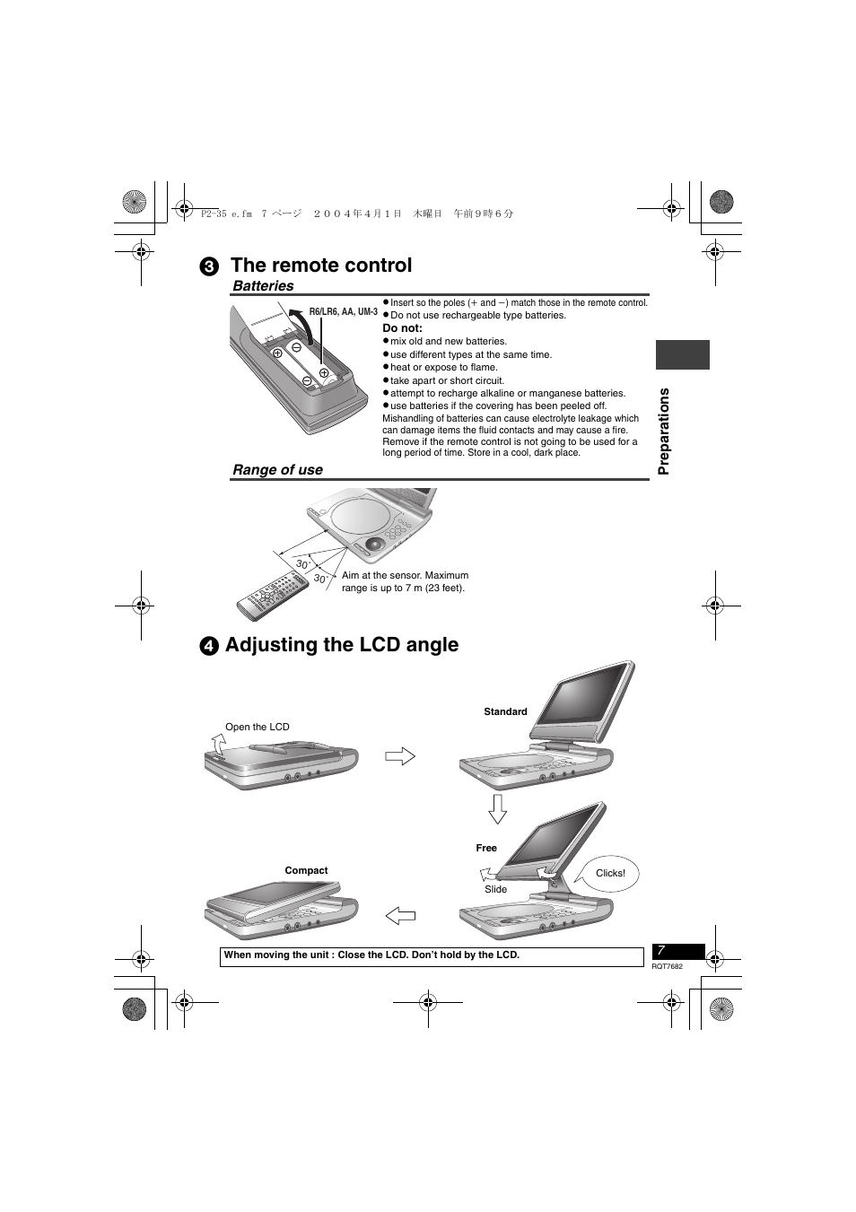 3 the remote control, 4 adjusting the lcd angle, 3the remote control | 4adjusting the lcd angle | Panasonic DVD-LS50 User Manual | Page 7 / 36