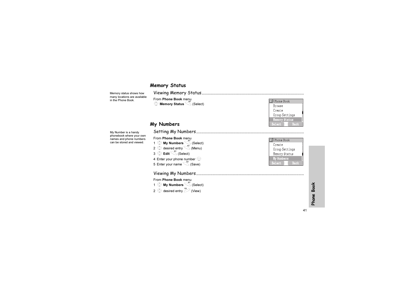 Memory status, My numbers | Panasonic EB-G51U User Manual | Page 44 / 108
