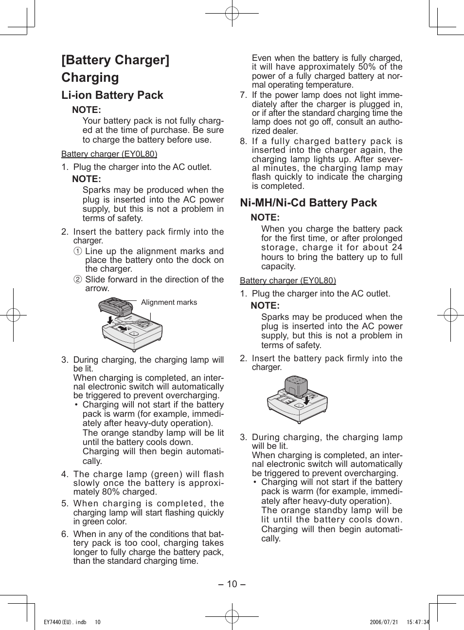 Battery charger] charging, Li-ion battery pack, Ni-mh/ni-cd battery pack | Panasonic EY7440 User Manual | Page 10 / 16