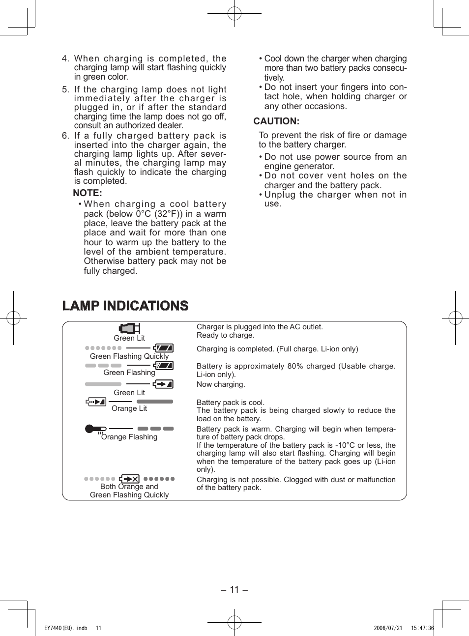 Lamp indications | Panasonic EY7440 User Manual | Page 11 / 16