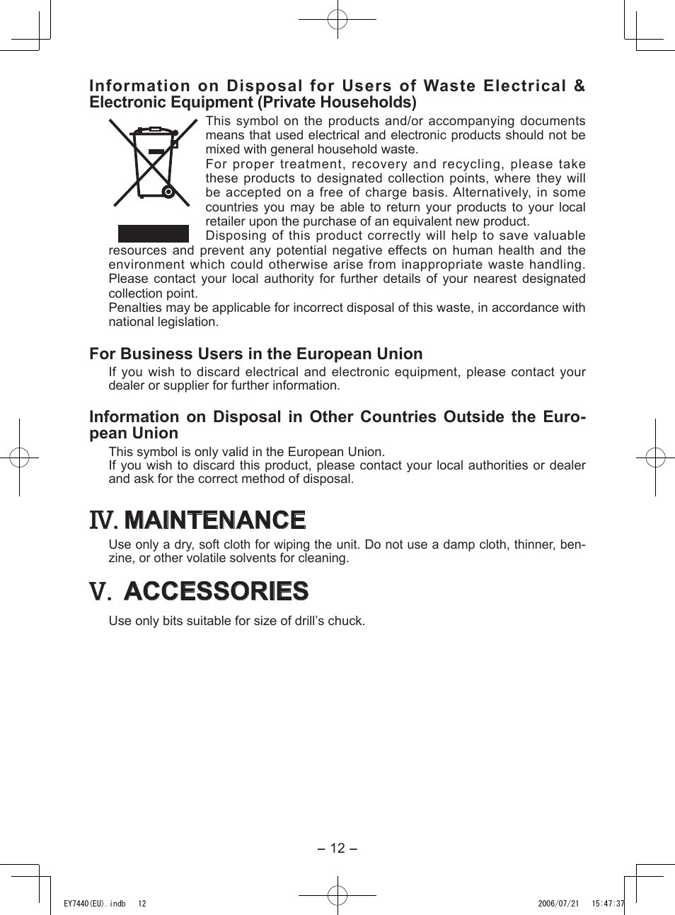 Accessories, Maintenance | Panasonic EY7440 User Manual | Page 12 / 16