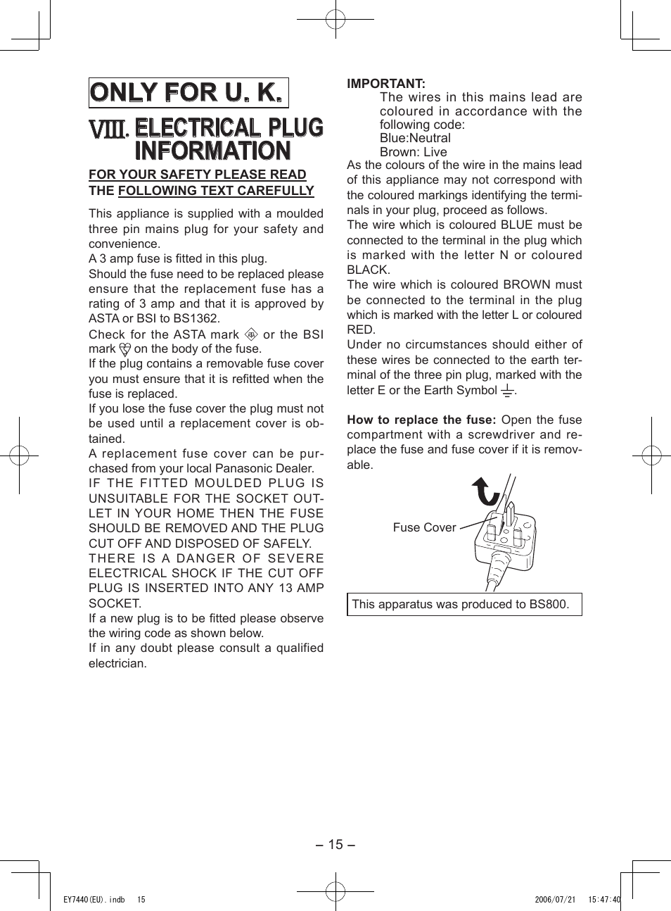 Viii, Only for u. k, Electrical plug information | Panasonic EY7440 User Manual | Page 15 / 16