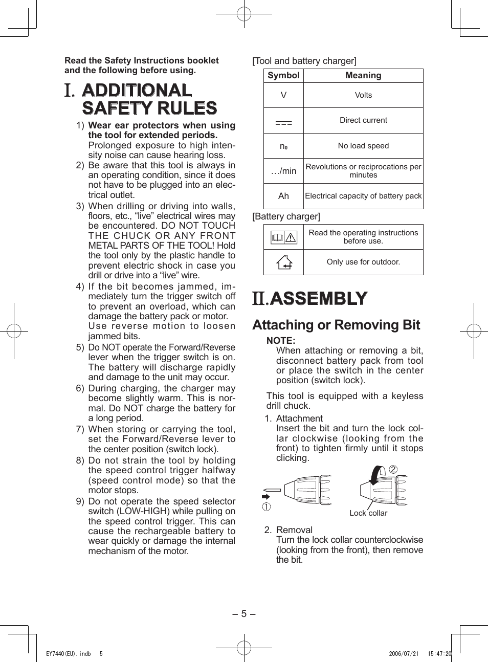 Additional safety rules, Assembly, Attaching or removing bit | Panasonic EY7440 User Manual | Page 5 / 16