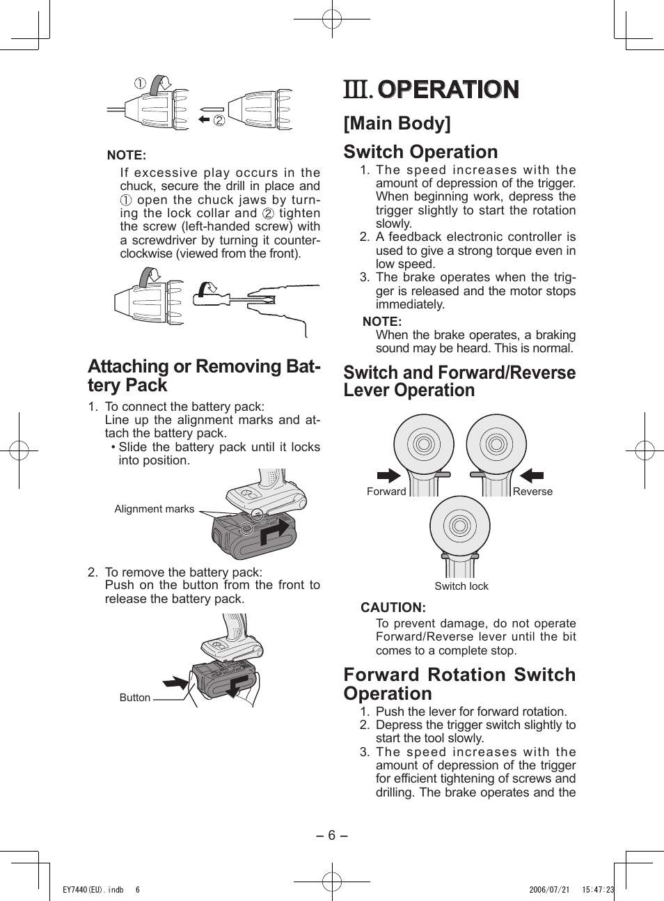 Operation, Attaching or removing bat- tery pack, Main body] switch operation | Switch and forward/reverse lever operation, Forward rotation switch operation | Panasonic EY7440 User Manual | Page 6 / 16