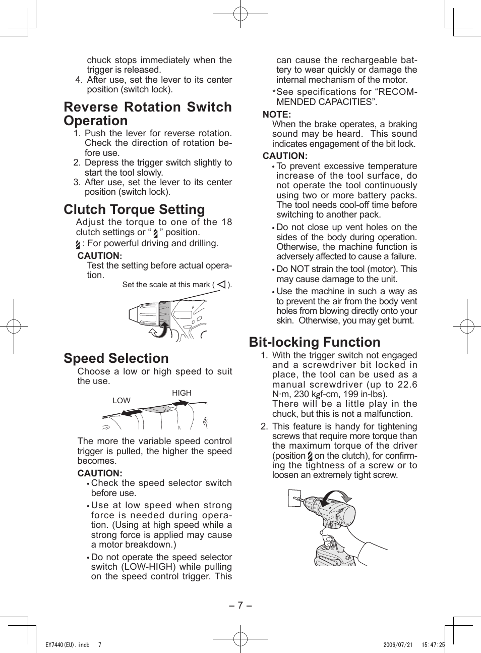 Reverse rotation switch operation, Clutch torque setting, Speed selection | Bit-locking function | Panasonic EY7440 User Manual | Page 7 / 16