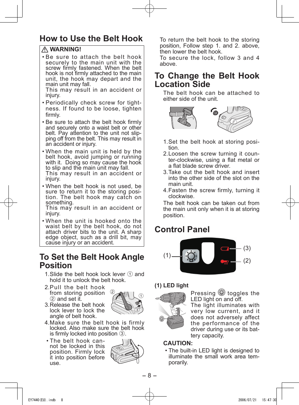 How to use the belt hook, Control panel | Panasonic EY7440 User Manual | Page 8 / 16