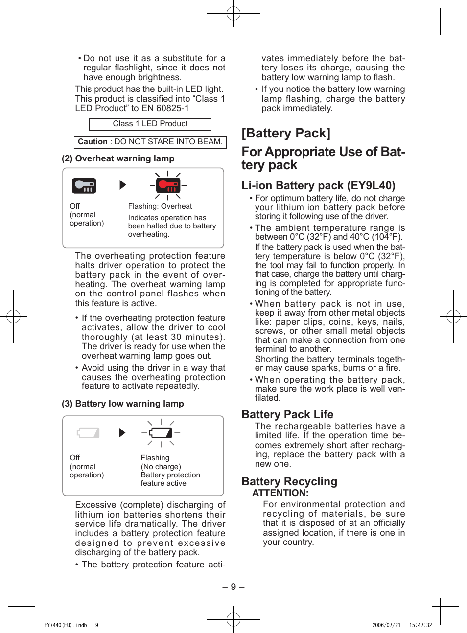 Li-ion battery pack (ey9l40), Battery pack life, Battery recycling | Panasonic EY7440 User Manual | Page 9 / 16