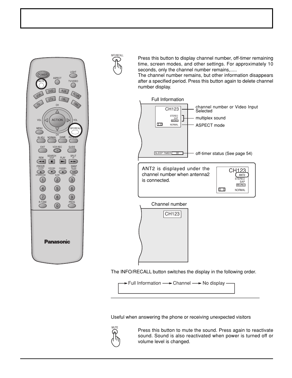 Recall / mute, Recall (on-screen display), Mute | Ch123 | Panasonic PT 52DL10 User Manual | Page 35 / 76
