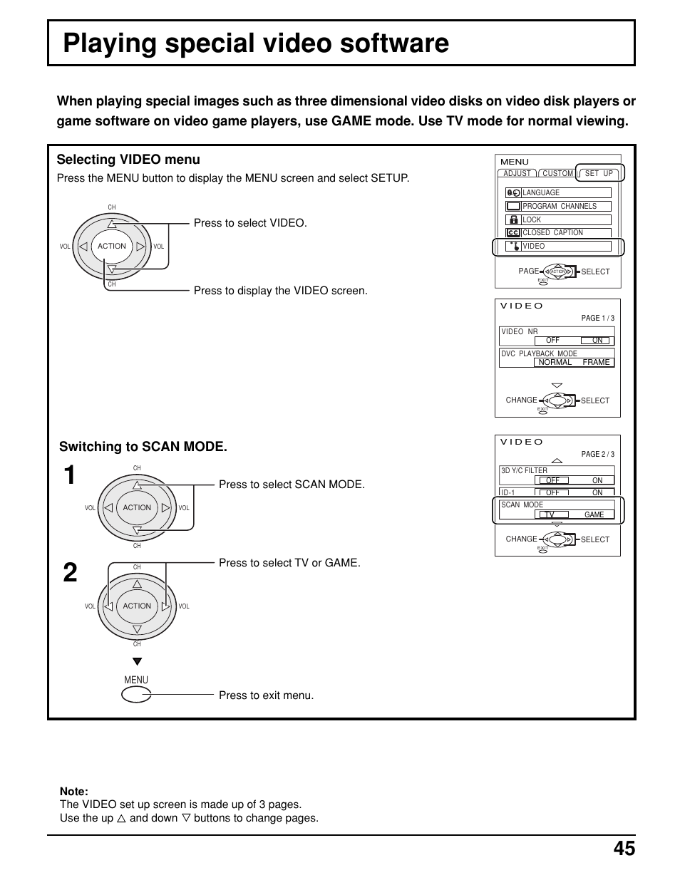 Playing special video software, Switching to scan mode | Panasonic PT 52DL10 User Manual | Page 45 / 76