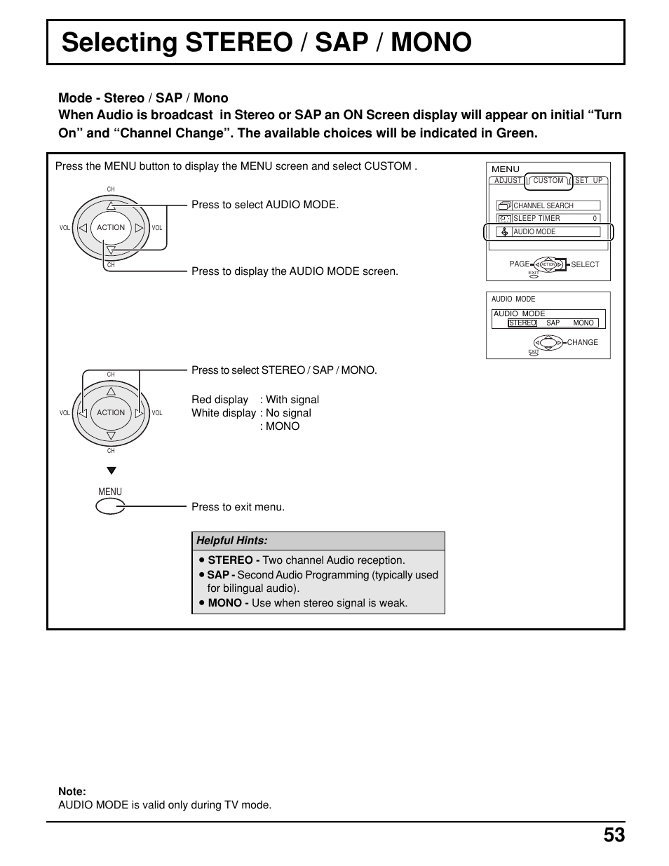 Selecting stereo / sap / mono | Panasonic PT 52DL10 User Manual | Page 53 / 76