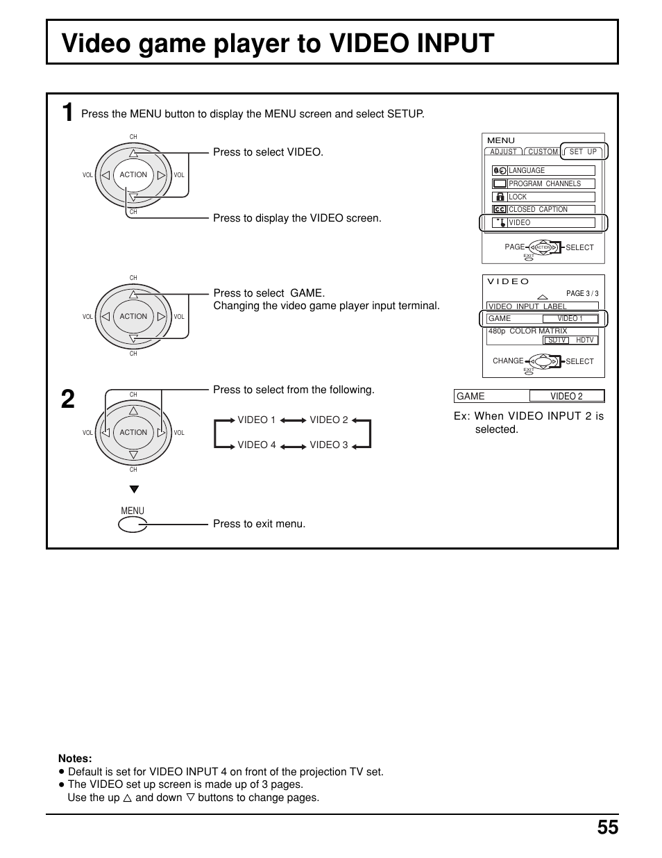 Video game player to video input | Panasonic PT 52DL10 User Manual | Page 55 / 76