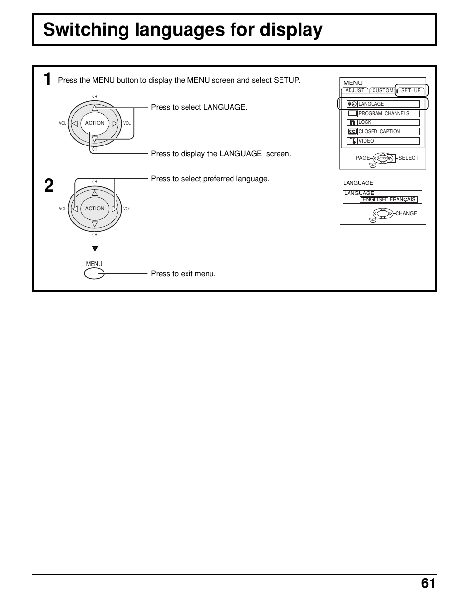 Switching languages for display, Switching languages for display 1 | Panasonic PT 52DL10 User Manual | Page 61 / 76