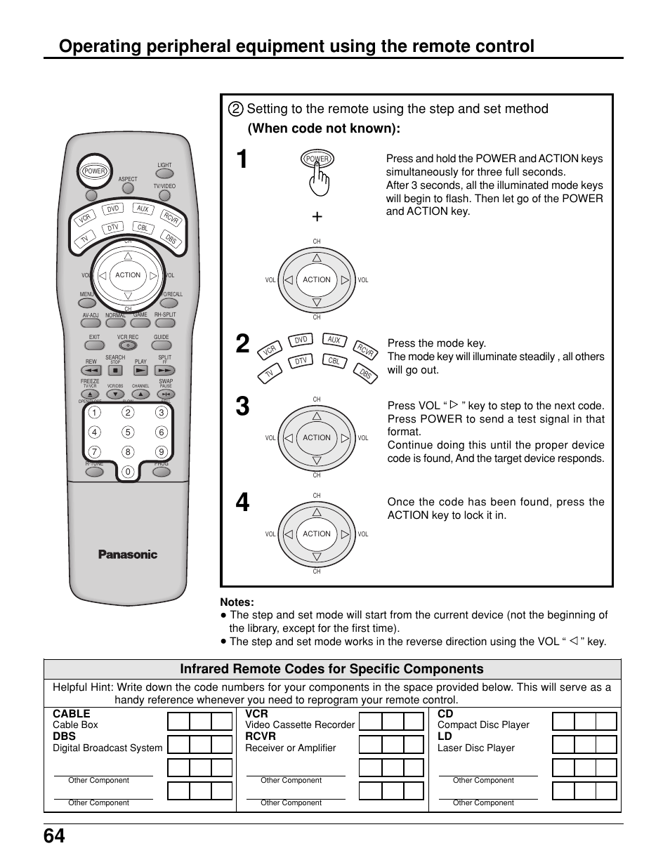 Infrared remote codes for specific components | Panasonic PT 52DL10 User Manual | Page 64 / 76