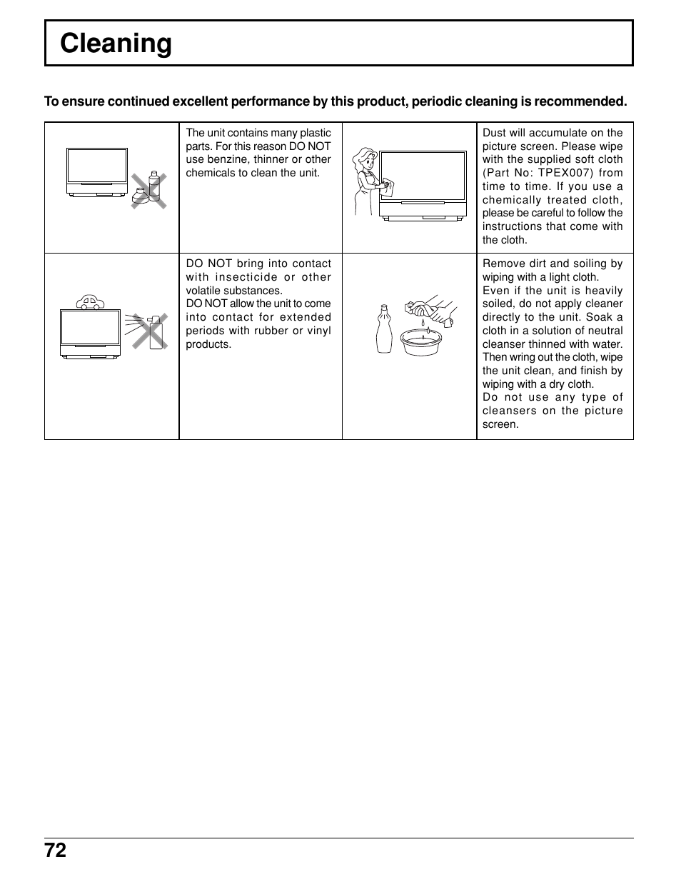 Cleaning | Panasonic PT 52DL10 User Manual | Page 72 / 76