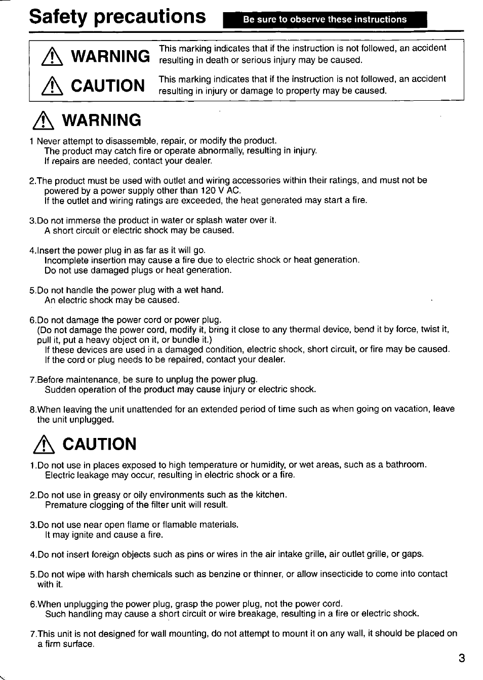 Safety precautions, Awarning a caution, A warning | Caution | Panasonic F-P15HU2 User Manual | Page 3 / 12