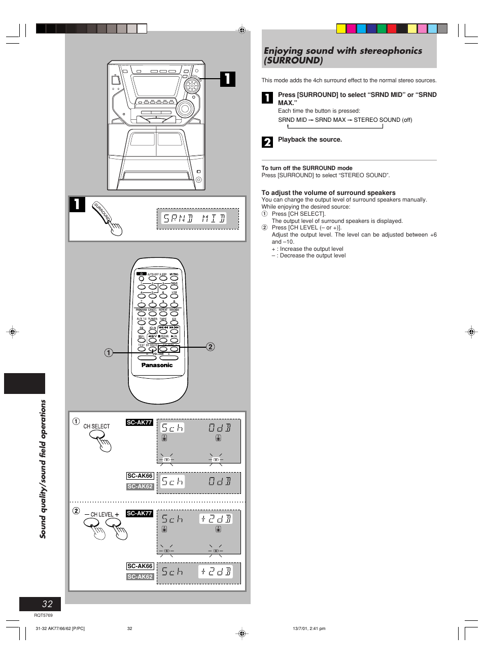 Enjoying sound with stereophonics, Enjoying sound with stereophonics (surround) | Panasonic SC-AK66 User Manual | Page 32 / 40