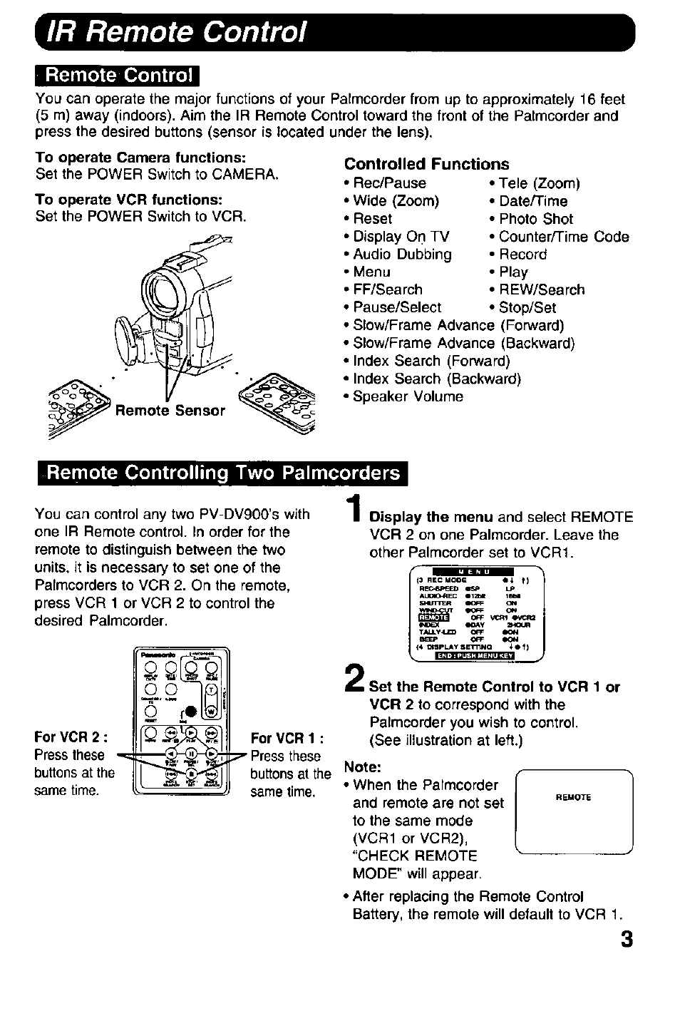 Remote control, Remote controlling two palmcorders, Ir remote control | Controlled functions | Panasonic PALMCODER PV-DRC9 User Manual | Page 3 / 6