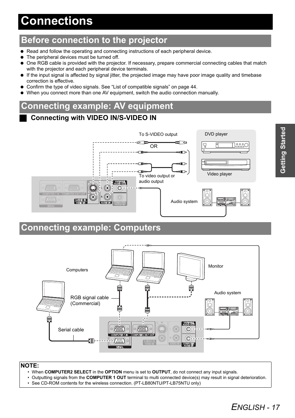 Connections, Before connection to the projector, Connecting example: av equipment | Connecting example: computers, Nglish - 17, Jconnecting with video in/s-video in | Panasonic PT-LB75U User Manual | Page 17 / 62
