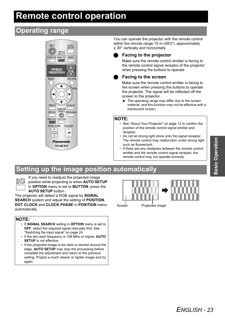 Remote control operation, Operating range, Setting up the image position automatically | Nglish - 23 | Panasonic PT-LB75U User Manual | Page 23 / 62