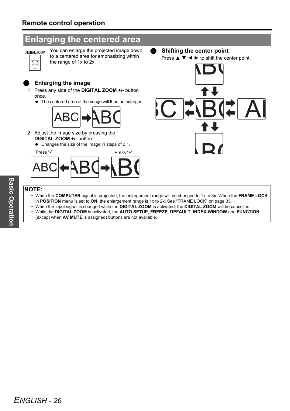 Enlarging the centered area, Nglish - 26, Remote control operation | Panasonic PT-LB75U User Manual | Page 26 / 62