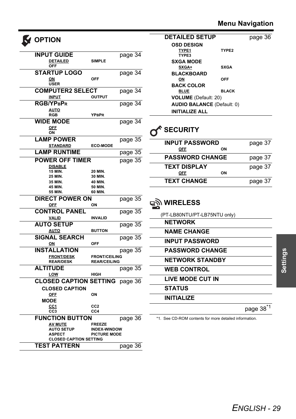 Nglish - 29, Menu navigation, Option security wireless | Settings, Input guide page 34, Startup logo page 34, Computer2 select page 34, Rgb/yp, Page 34, Wide mode page 34 | Panasonic PT-LB75U User Manual | Page 29 / 62