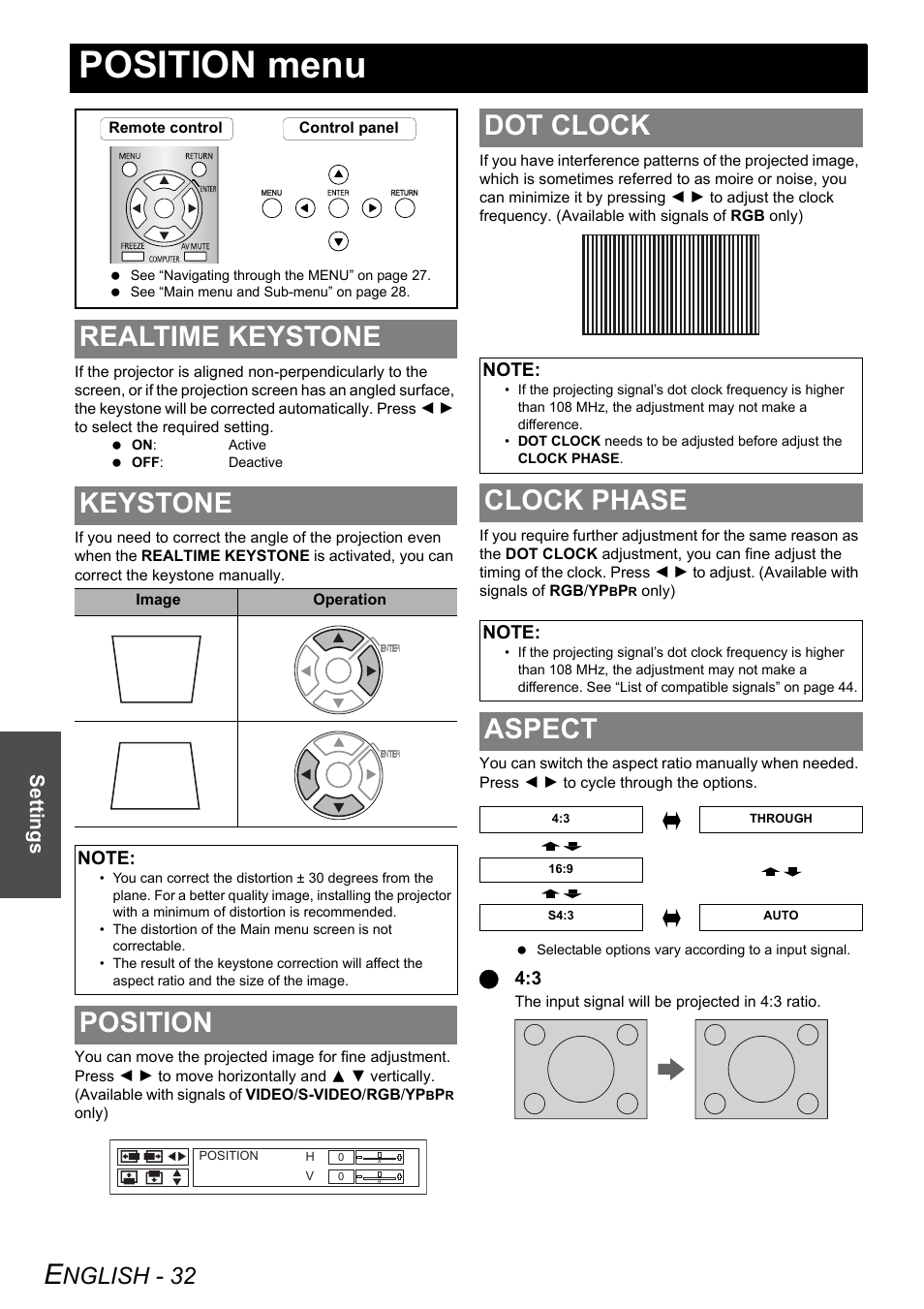 Position menu, Realtime keystone, Keystone | Position, Dot clock, Clock phase, Aspect, Rs, see “keystone” on, Realtime keystone keystone, Nglish - 32 | Panasonic PT-LB75U User Manual | Page 32 / 62