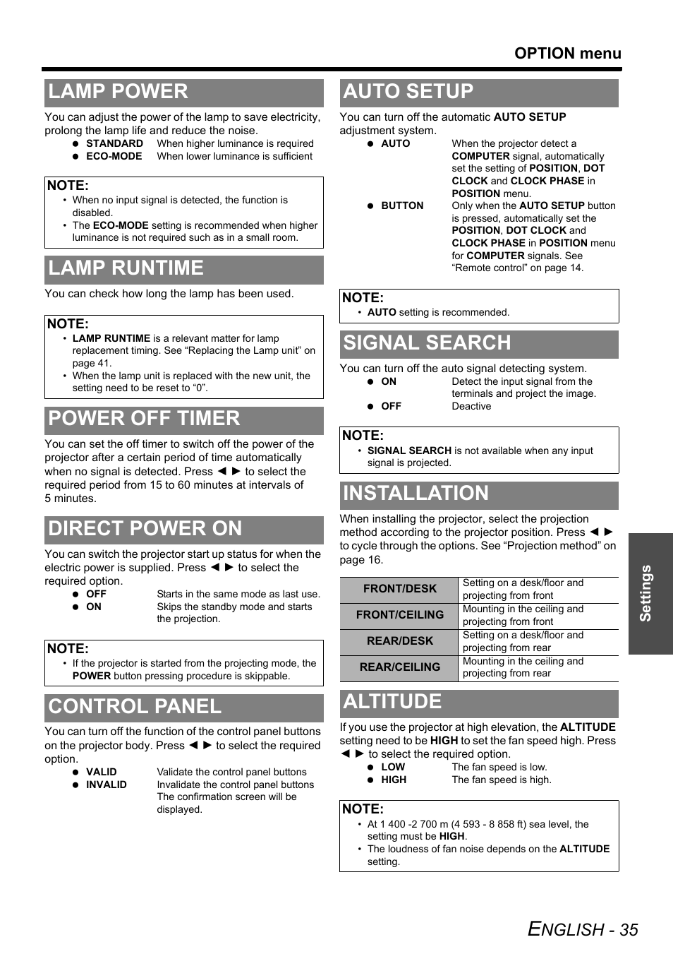 Lamp power, Lamp runtime, Power off timer | Direct power on, Control panel, Auto setup, Signal search, Installation, Altitude, Power off timer direct power on | Panasonic PT-LB75U User Manual | Page 35 / 62