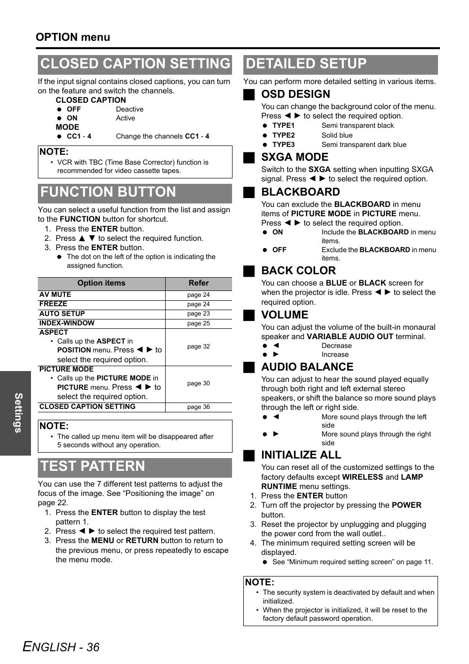 Closed caption setting, Function button, Test pattern | Detailed setup, Test pattern detailed setup, Nglish - 36, Option menu, Josd design, Jsxga mode, Jblackboard | Panasonic PT-LB75U User Manual | Page 36 / 62