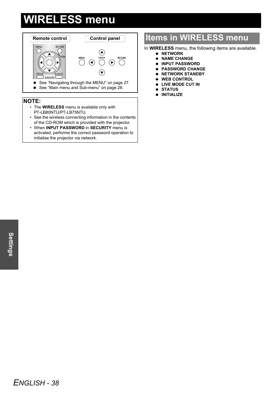 Wireless menu, Items in wireless menu, Nglish - 38 | Settings | Panasonic PT-LB75U User Manual | Page 38 / 62