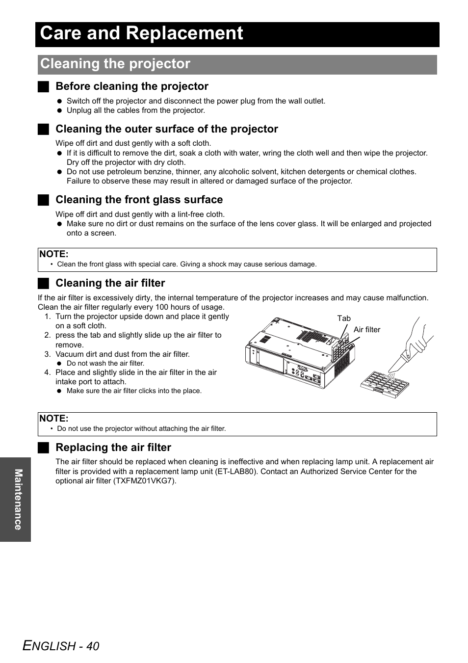 Care and replacement, Cleaning the projector, Nglish - 40 | Jbefore cleaning the projector, Jcleaning the outer surface of the projector, Jcleaning the front glass surface, Jcleaning the air filter, Jreplacing the air filter | Panasonic PT-LB75U User Manual | Page 40 / 62