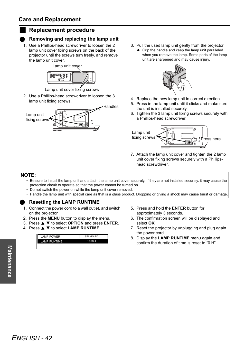 Nglish - 42, Care and replacement, Jreplacement procedure | Maintenance | Panasonic PT-LB75U User Manual | Page 42 / 62