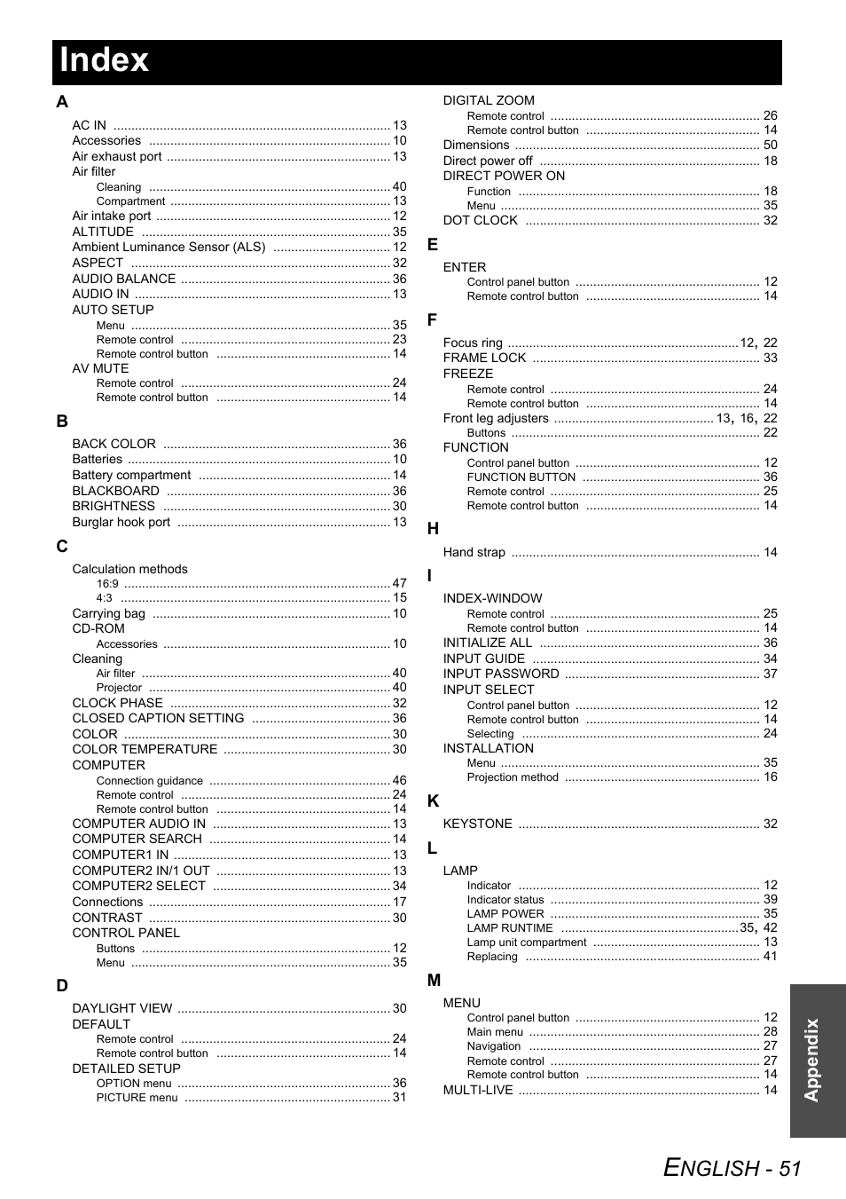 Index, Nglish - 51, Appendix | Panasonic PT-LB75U User Manual | Page 51 / 62