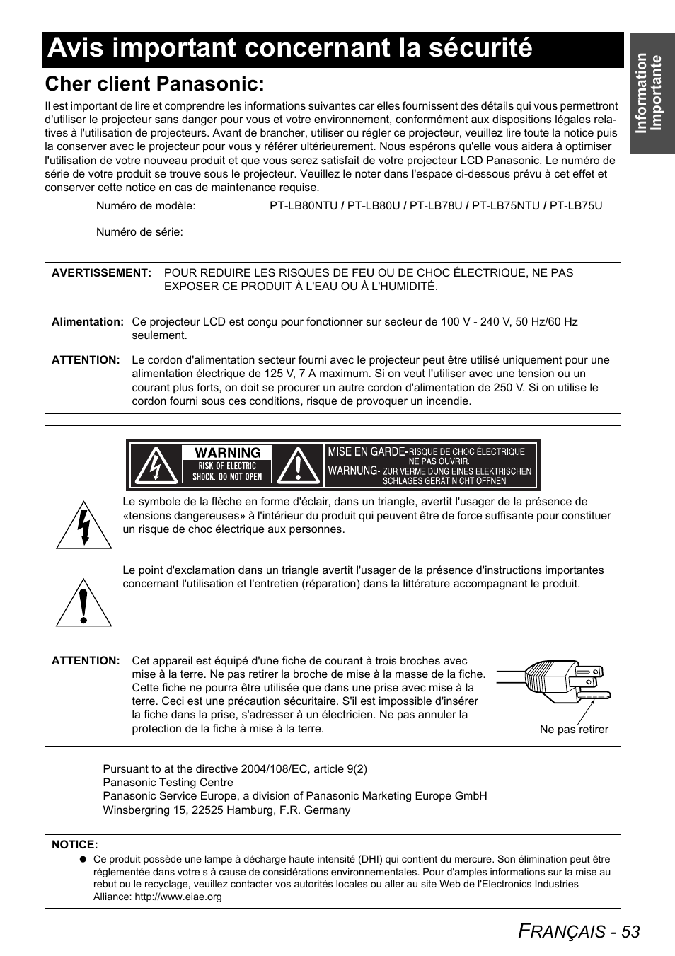 Avis important concernant la sécurité, Cher client panasonic, Rançais - 53 | Panasonic PT-LB75U User Manual | Page 53 / 62