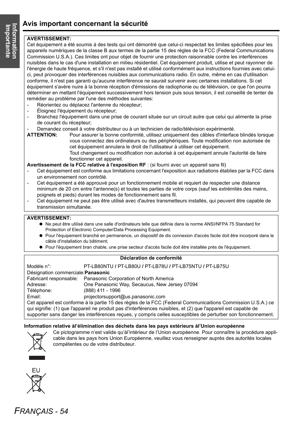 Rançais - 54, Avis important concernant la sécurité, Information importante | Panasonic PT-LB75U User Manual | Page 54 / 62