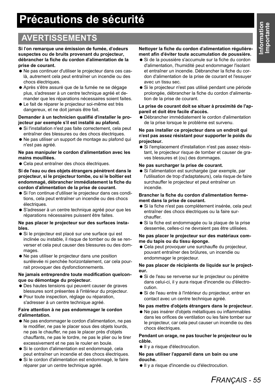 Précautions de sécurité, Avertissements, Rançais - 55 | Information importante | Panasonic PT-LB75U User Manual | Page 55 / 62