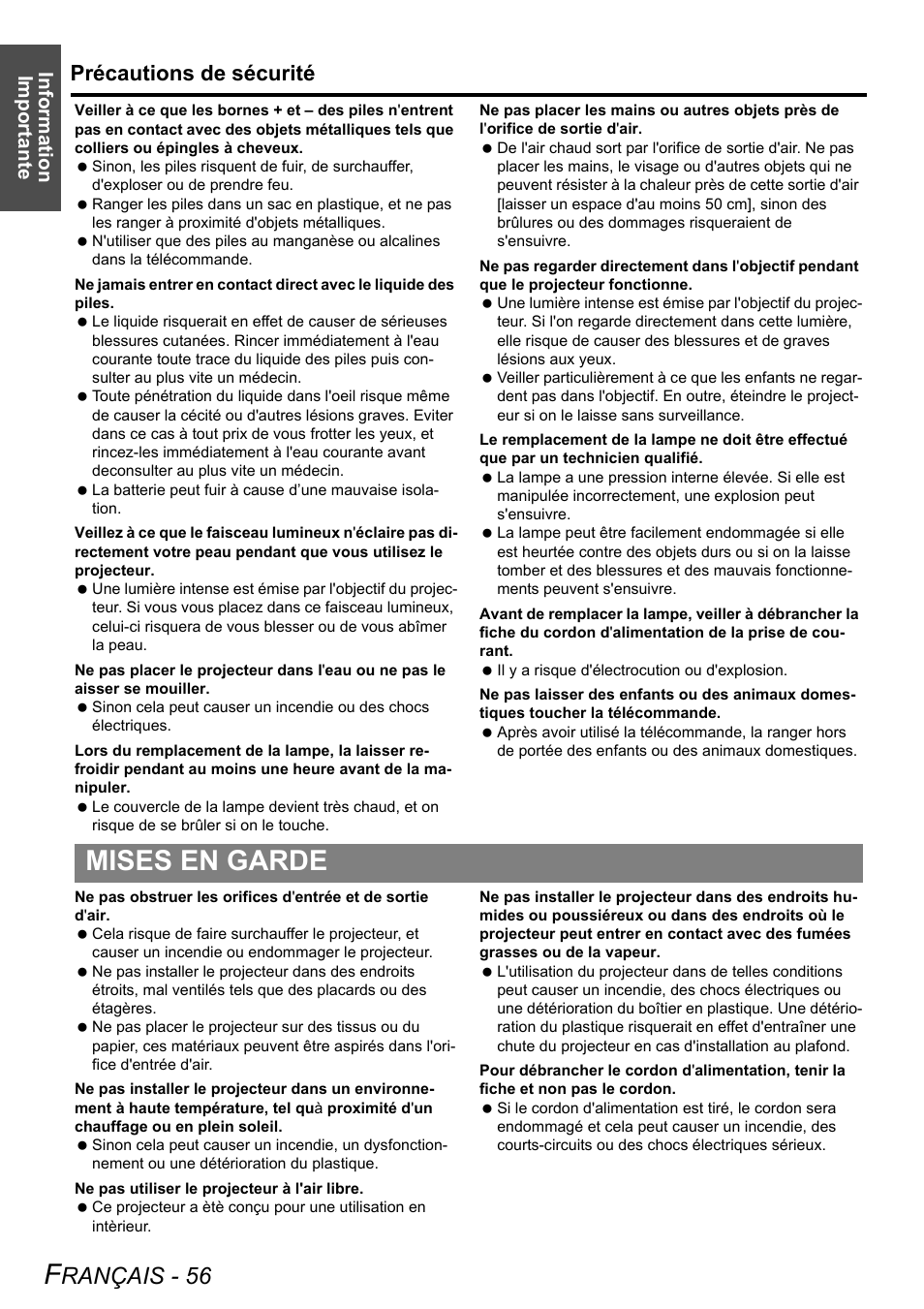 Mises en garde, Rançais - 56, Précautions de sécurité | Information importante | Panasonic PT-LB75U User Manual | Page 56 / 62