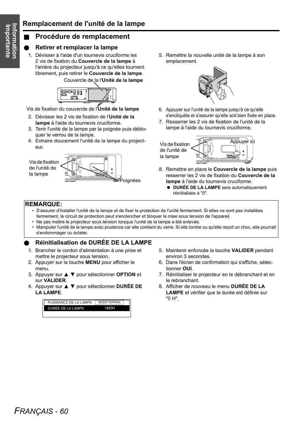 Rançais - 60, Remplacement de l'unité de la lampe, Procédure de remplacement | Information importante, Retirer et remplacer la lampe, Réinitialisation de durée de la lampe, Remarque | Panasonic PT-LB75U User Manual | Page 60 / 62